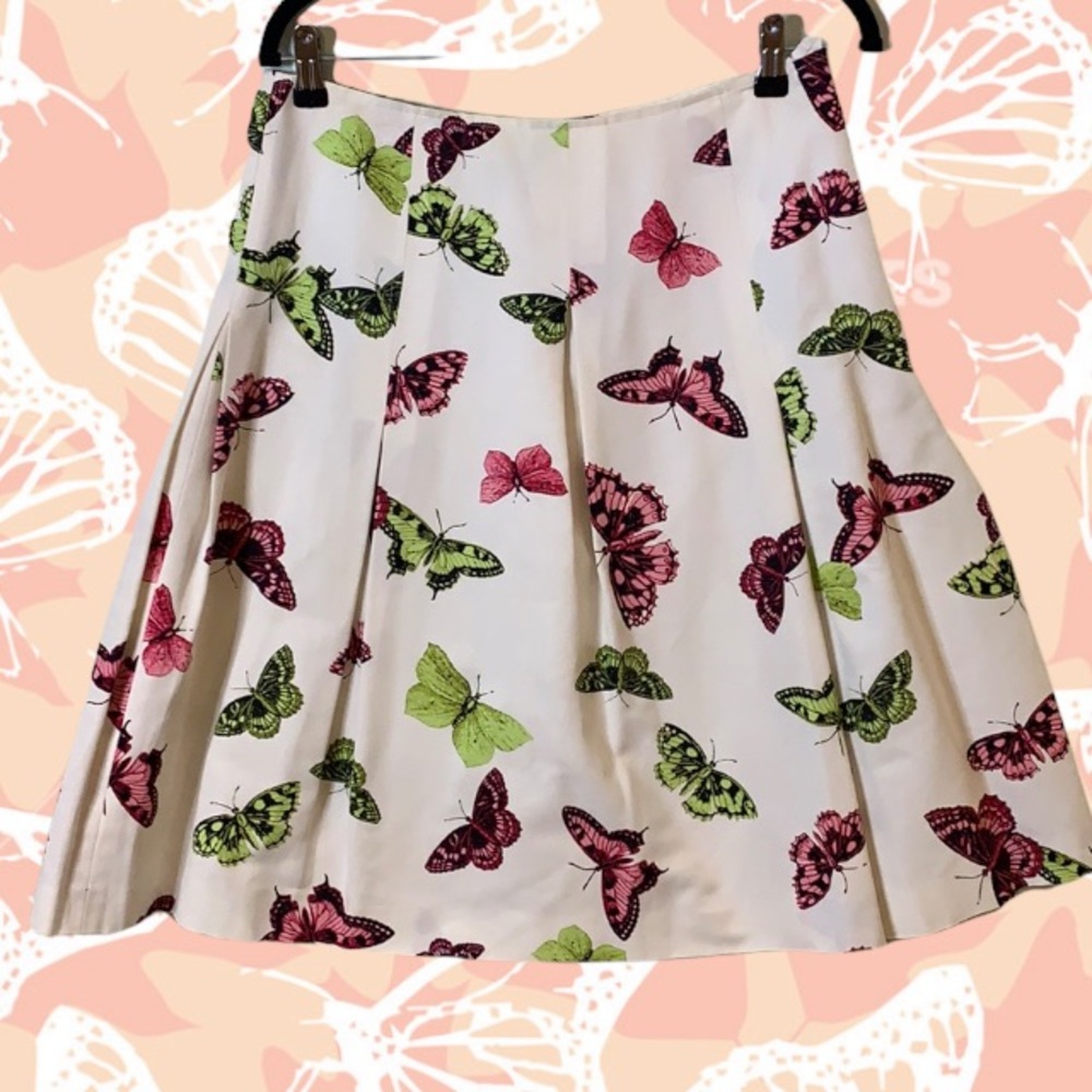 Talbots Green & Pink Butterfly A Line Full Pleated Mini Skirt